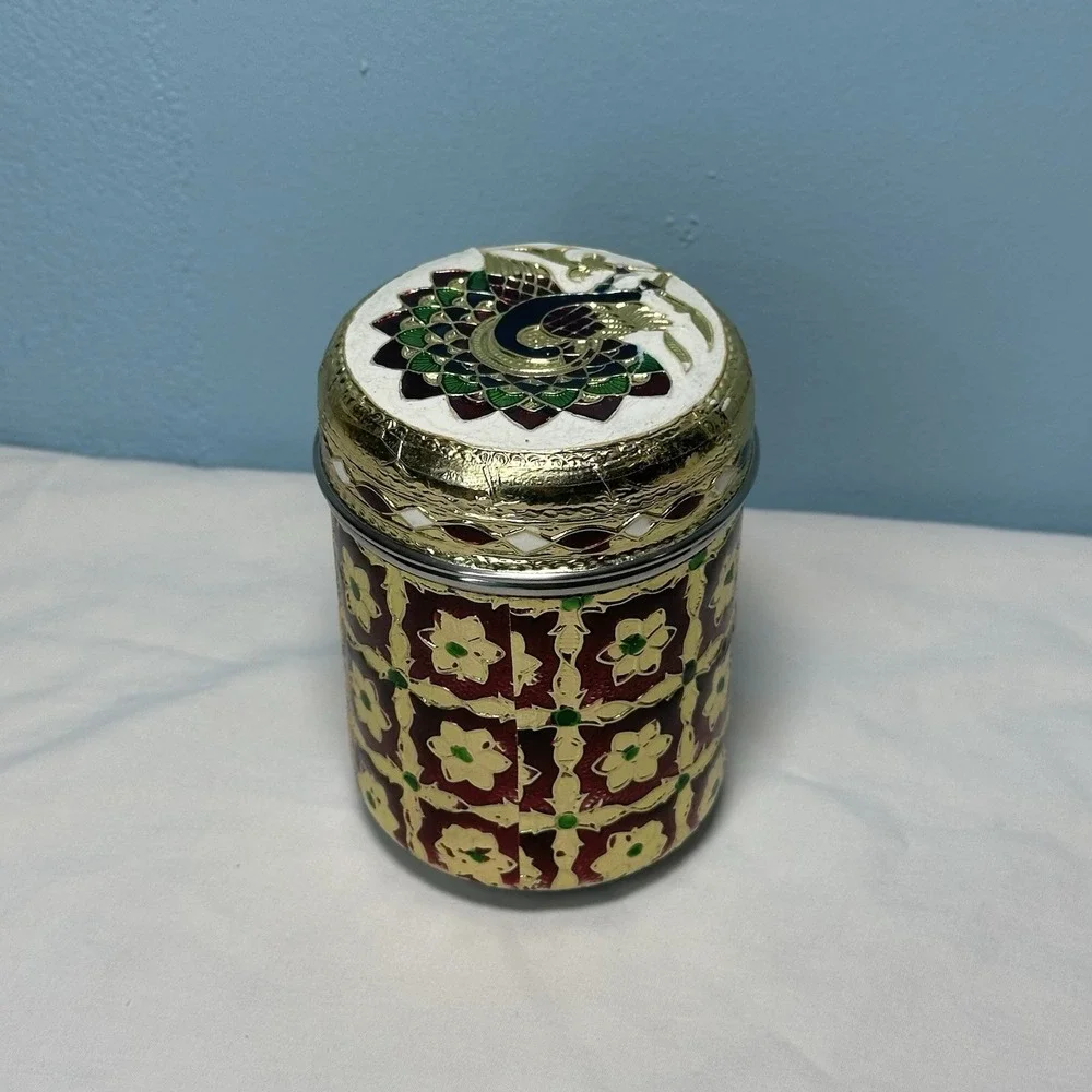 Meenakari Stainless Steel Box Peacock Lid Indian Decorative Canister Dabba
